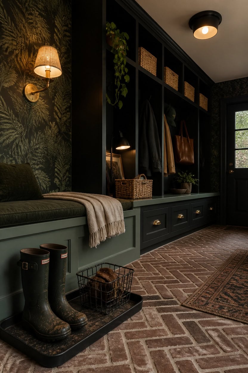 Cozy entryway with green bench, black shelving, and decorative accents.