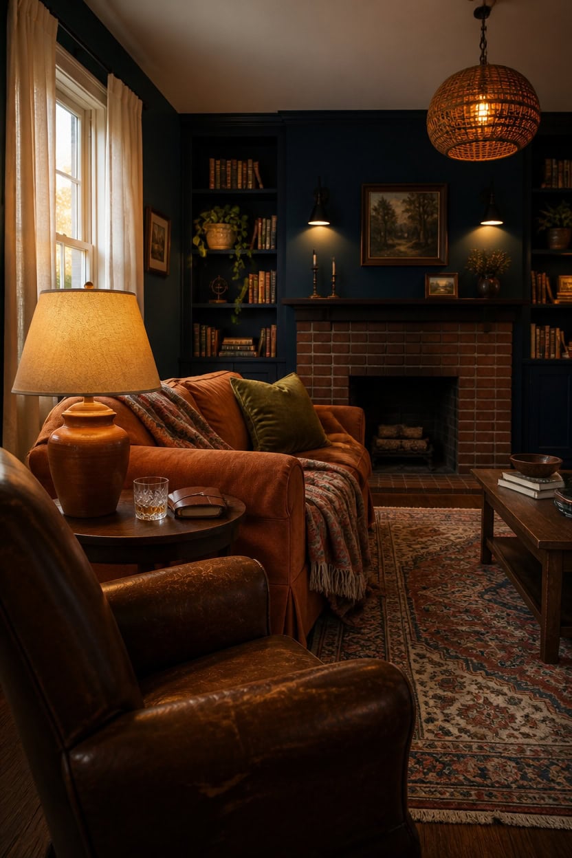 Warm living room with fireplace, bookshelves, and comfortable seating.