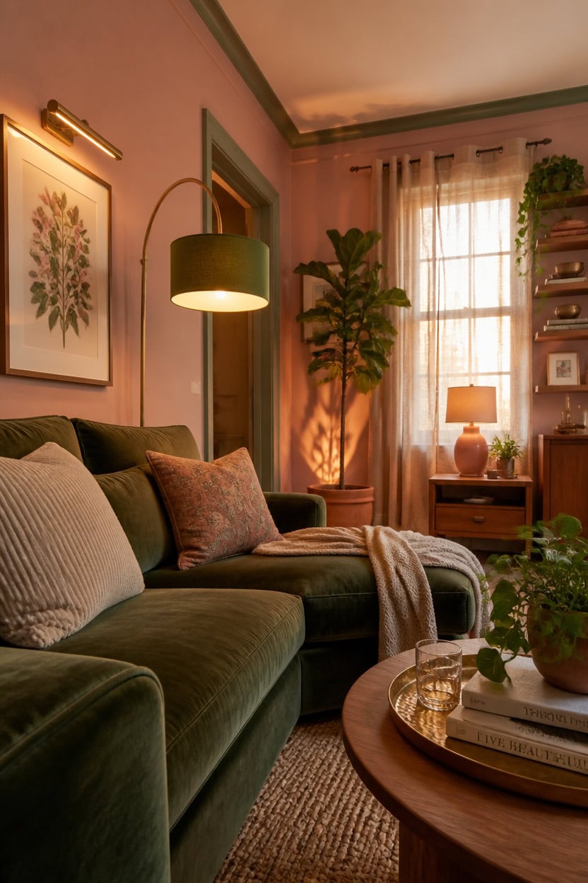 Elegant living room with green sofa, warm lighting, and decorative plants.