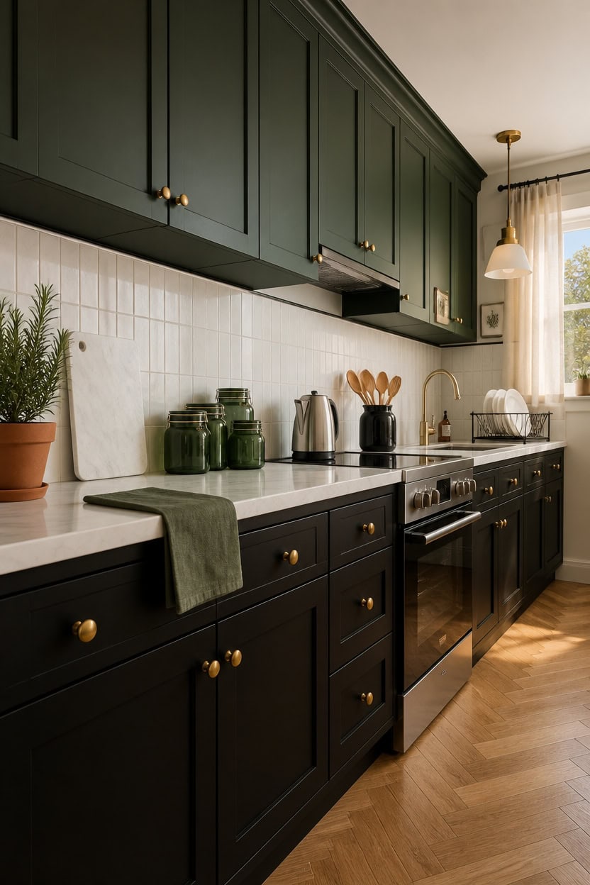 Elegant kitchen with dark green cabinets, white countertops, and gold hardware.