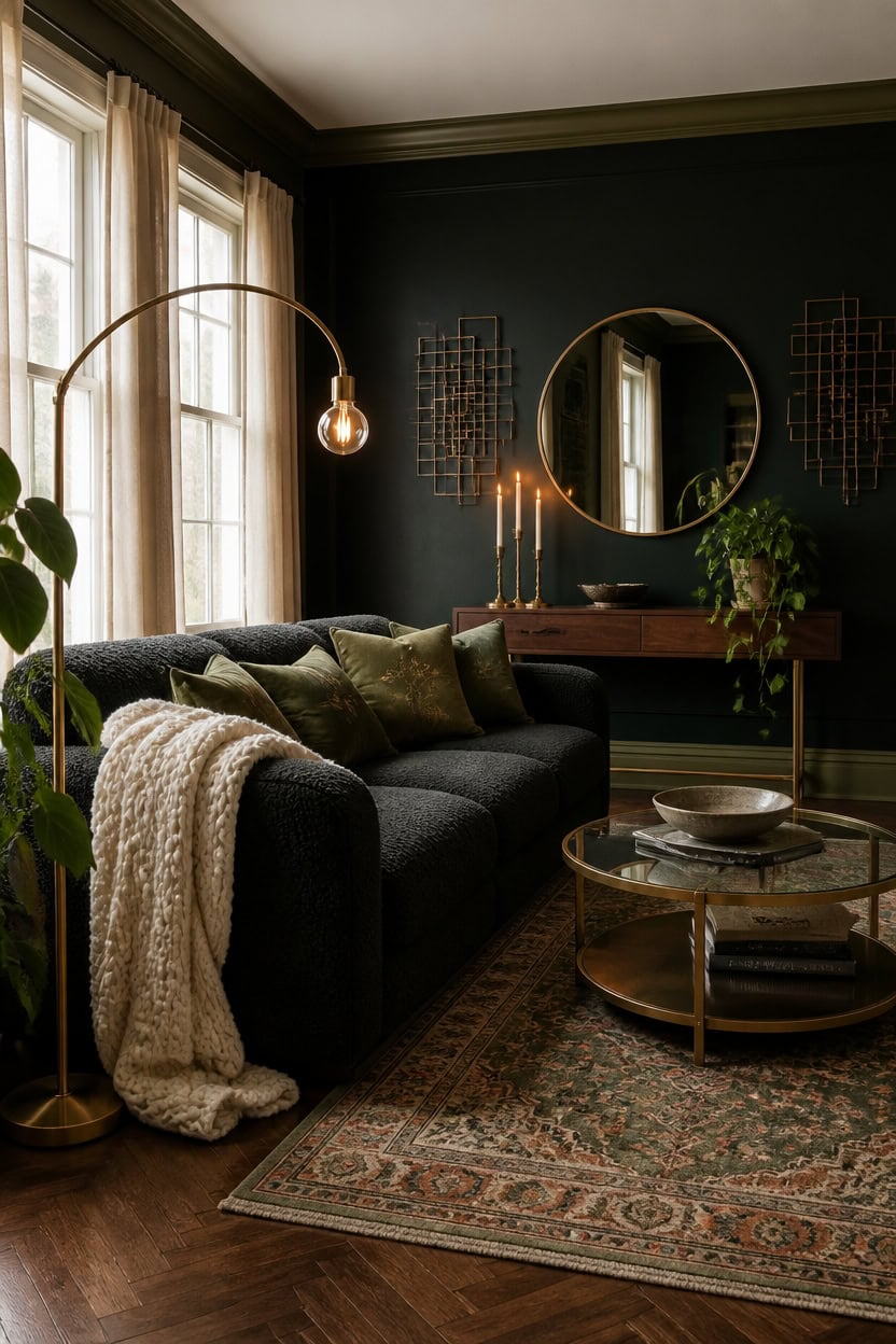 Stylish living room with dark walls, gold accents, and cozy seating area.