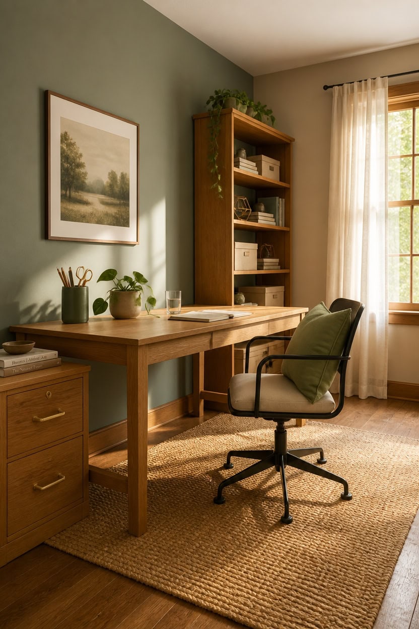 Bright home office with wooden desk, green wall, and large window with curtains.