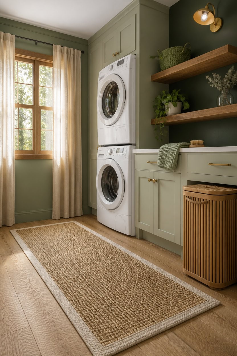 Cozy laundry room with stacked washer and dryer, green cabinetry, and natural light.