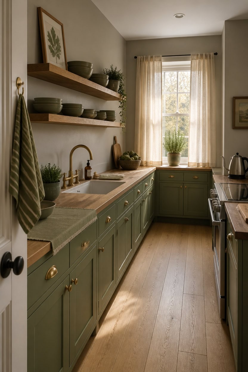Cozy kitchen with green cabinets, open shelves, and sunlight through window.