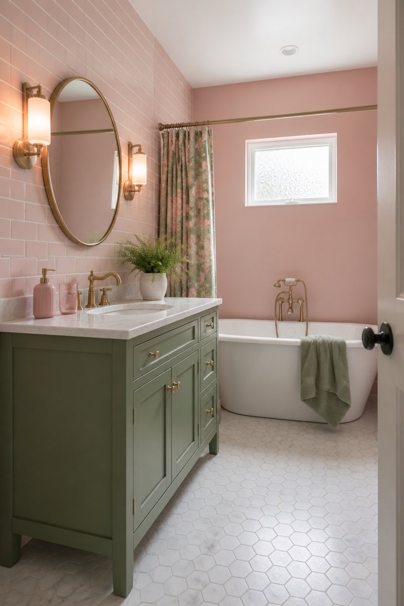 Bright bathroom with pink walls, green vanity, and vintage fixtures.