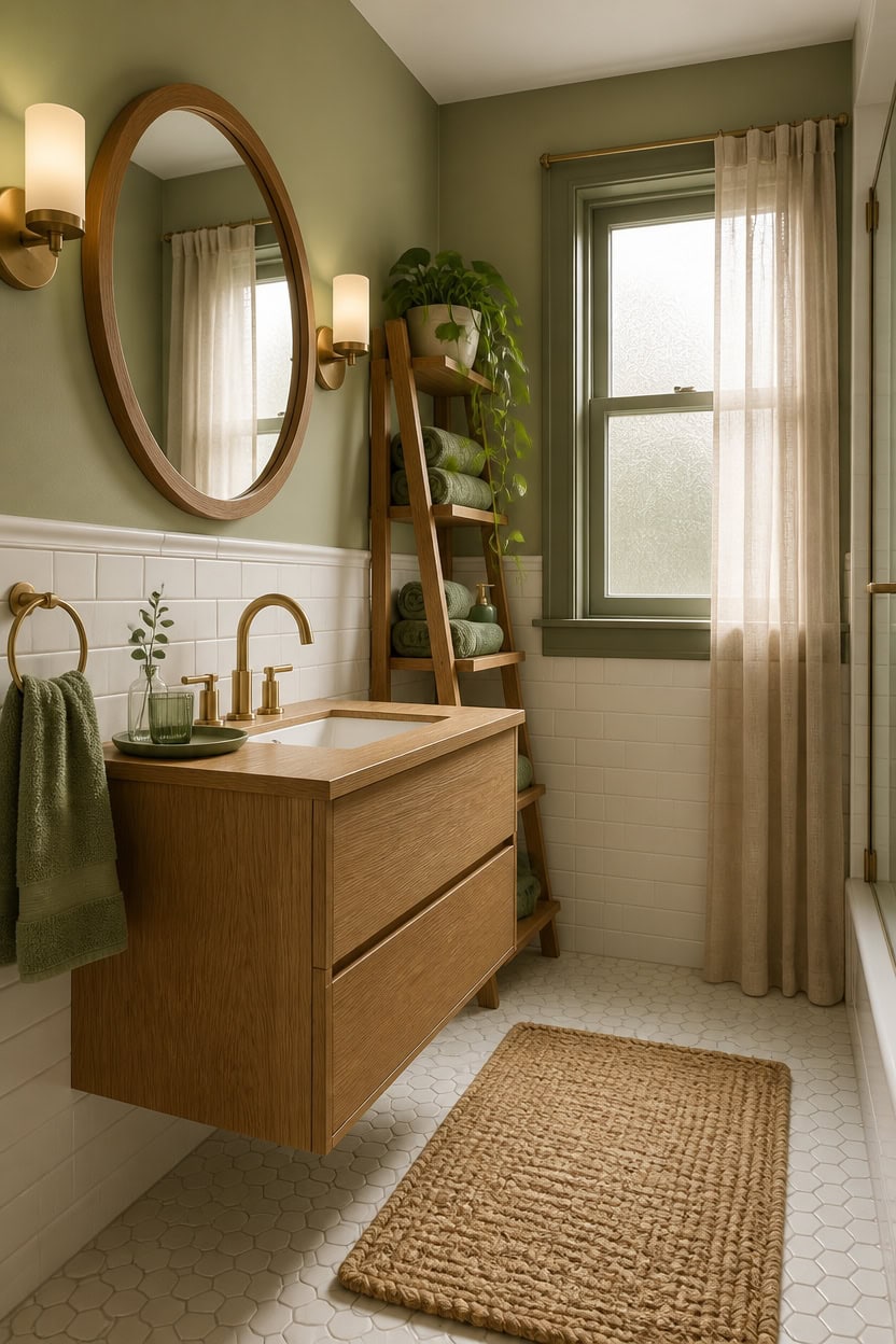 warm sage green bathroom