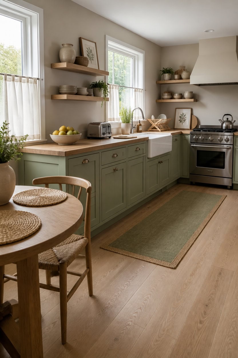 Bright kitchen with green cabinets, open shelves, and wooden accents.