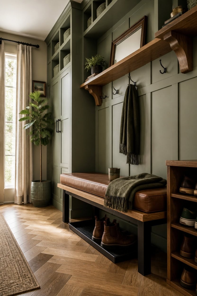 Cozy entryway with green wall paneling, wooden shelf, and shoe storage.