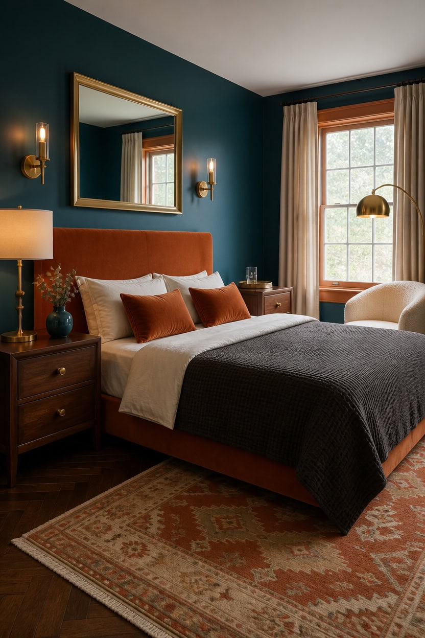 Cozy bedroom with teal walls, orange headboard, and elegant lighting fixtures.