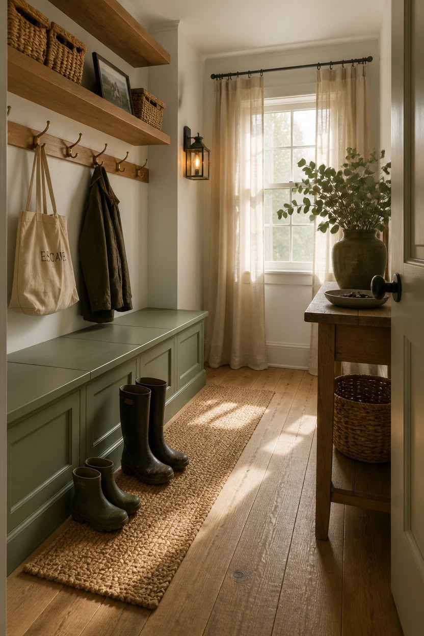 Bright entryway with window, green bench, and decorative plants.