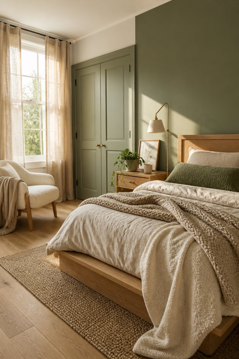 Bright bedroom with large window, green wall, and comfortable bed with neutral bedding.