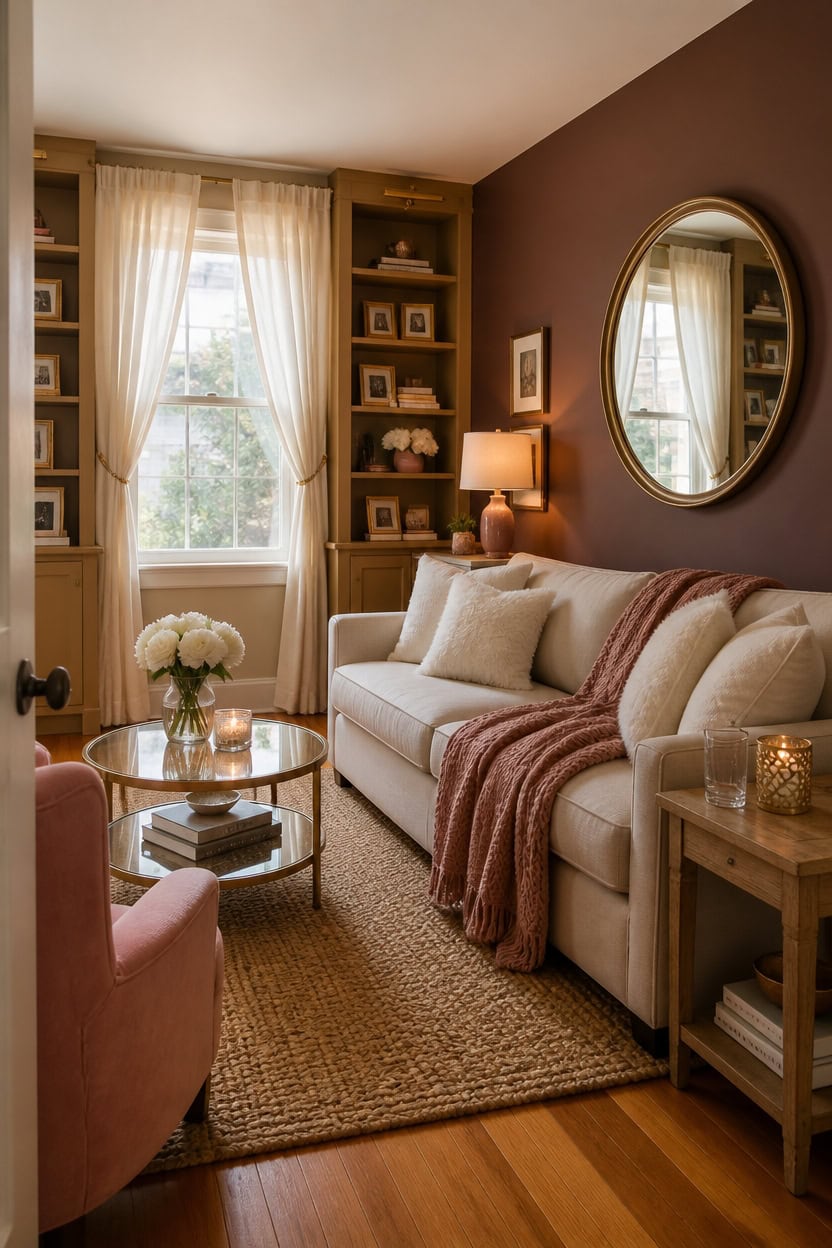 Elegant living room with beige sofa, pink armchair, and warm lighting.