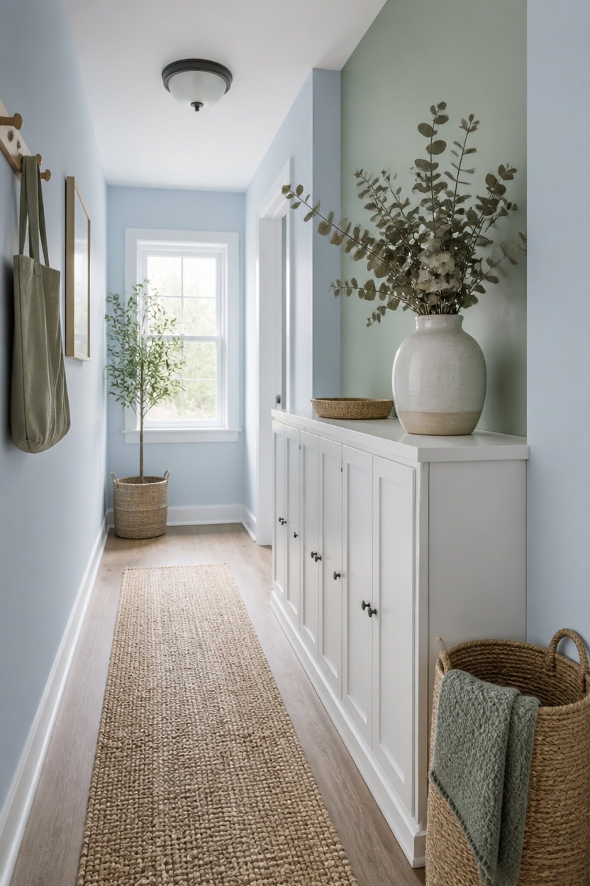 airy blue green entryway vignette