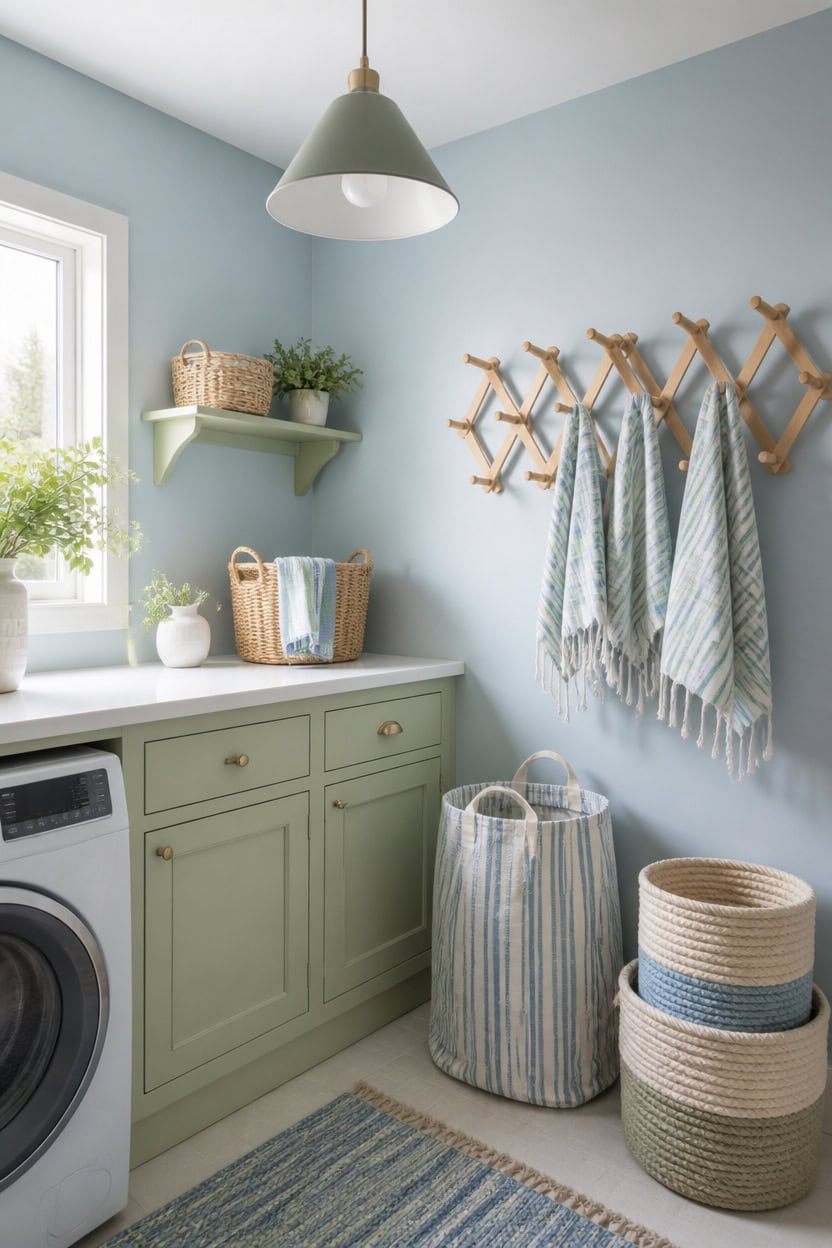 airy blue green laundry nook