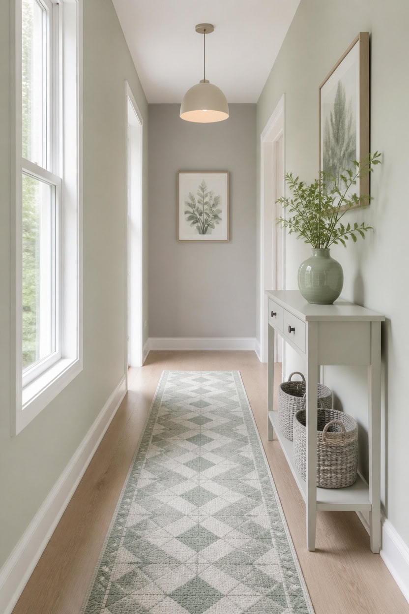 airy green and gray hallway