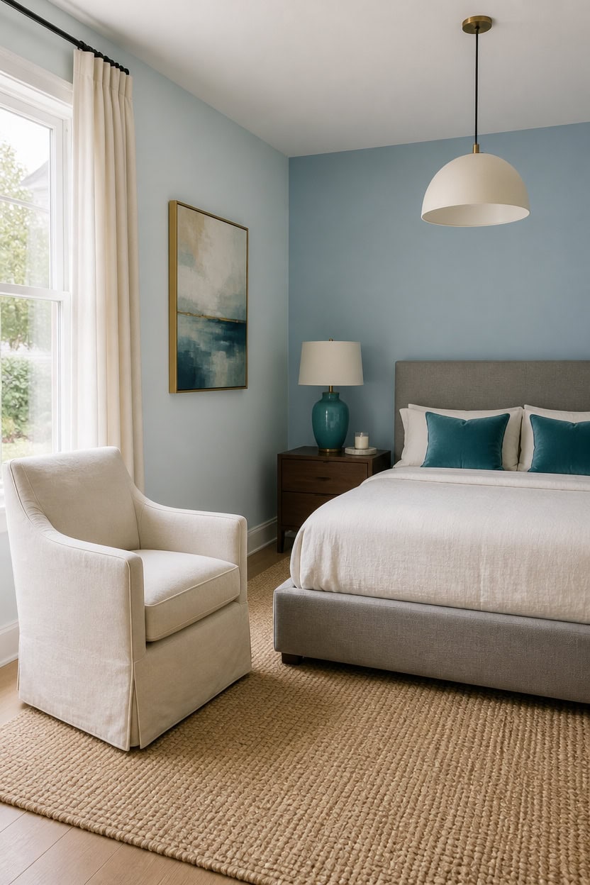 Cozy bedroom with blue walls, beige armchair, and contemporary decor.