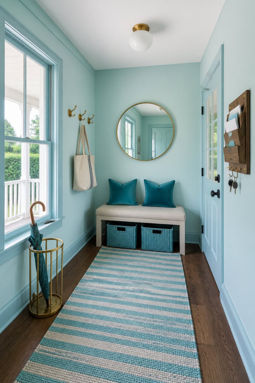 Bright entryway with a round mirror, hooks, and a small bench with pillows.