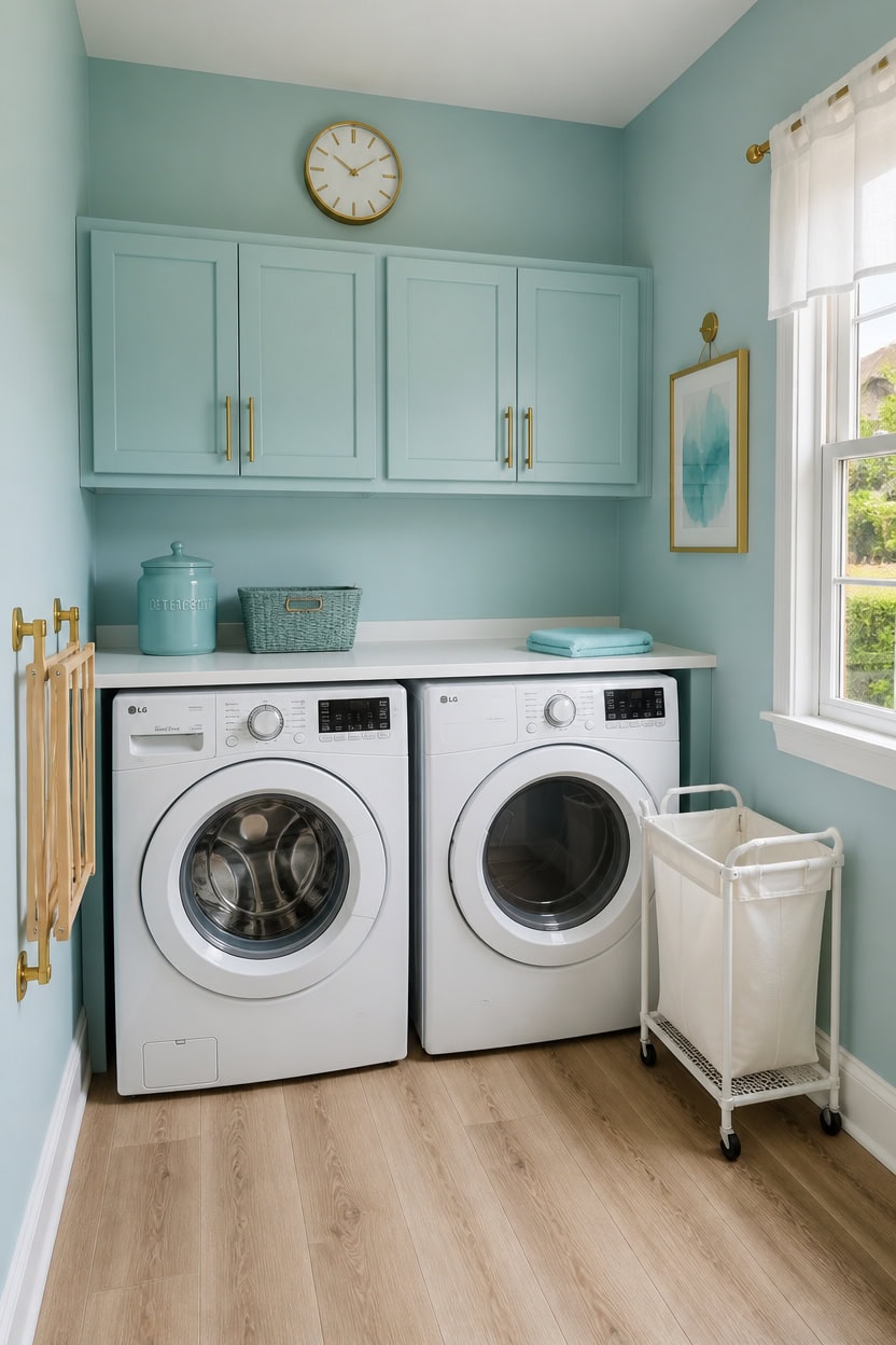 Cozy laundry room with light blue cabinets, washer, dryer, and natural light.