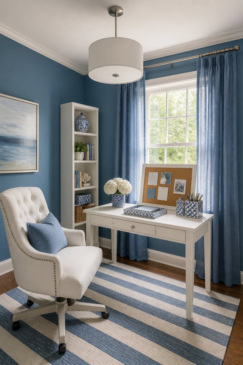balanced blue and white workspace