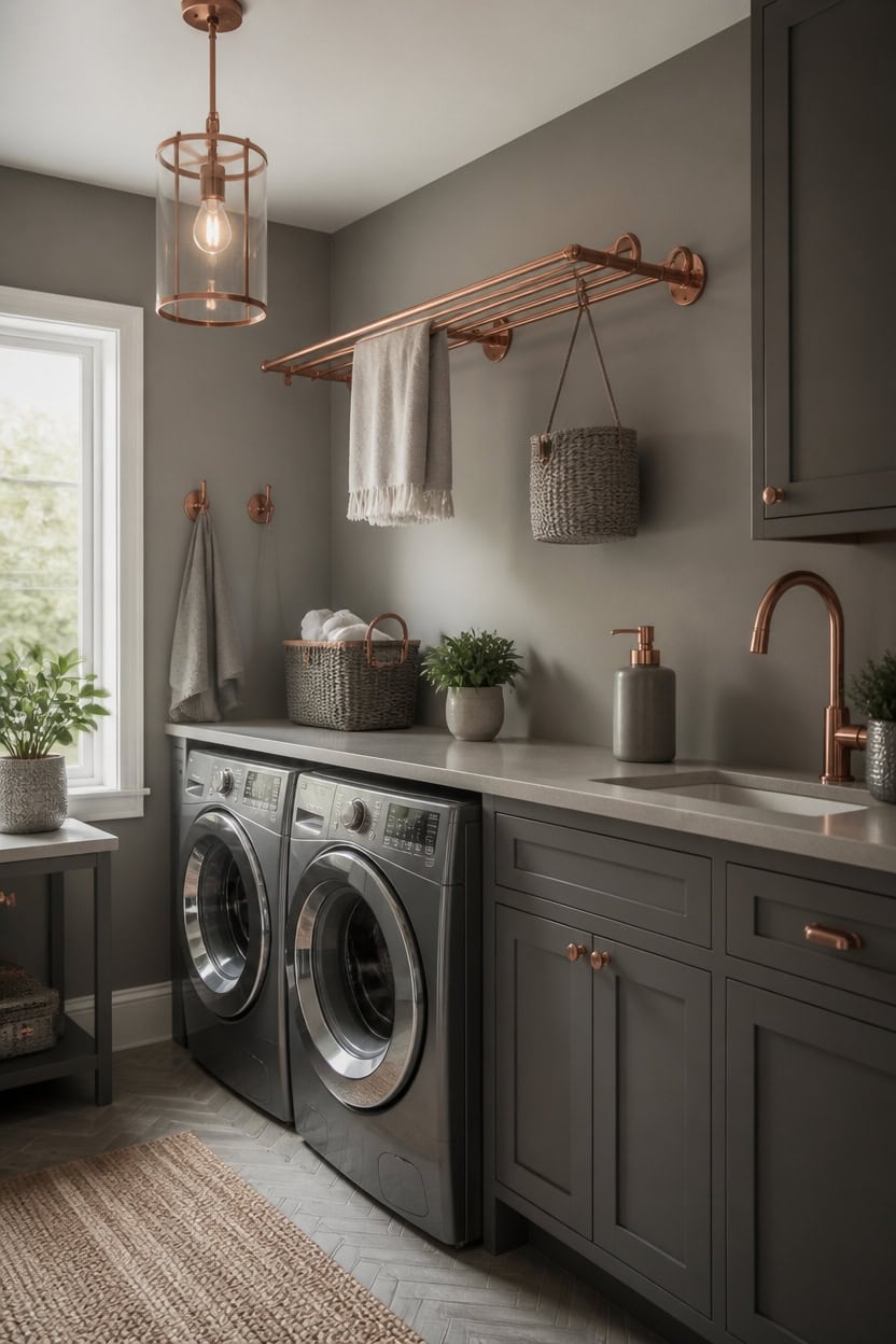 balanced copper accented gray laundry