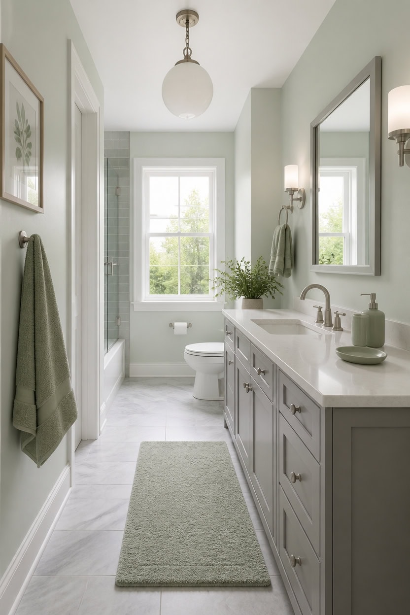 balanced green gray bathroom accents