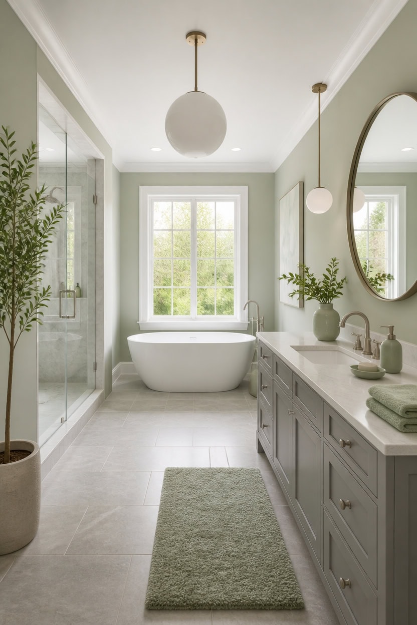 balanced green gray bathroom vignette