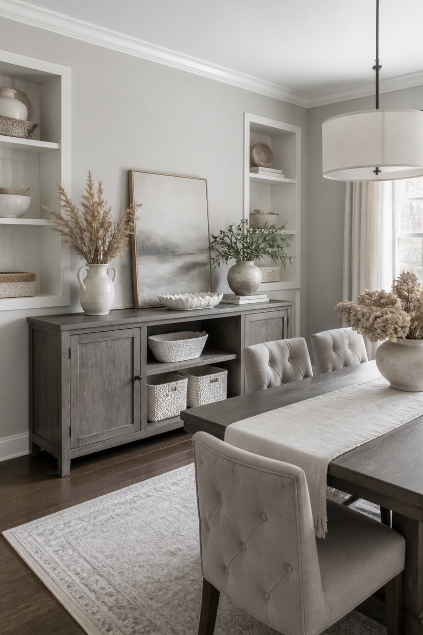 balanced neutral sideboard vignette