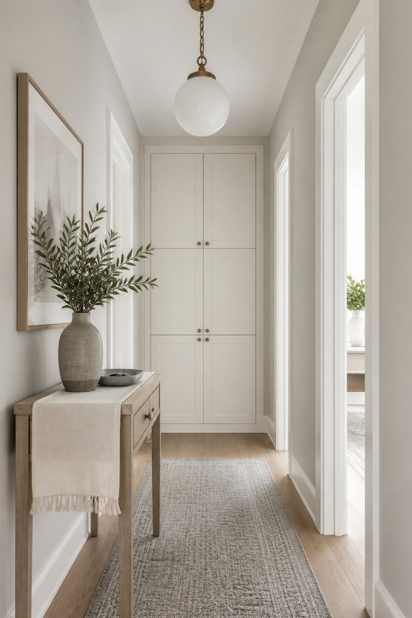 balanced very light gray hallway