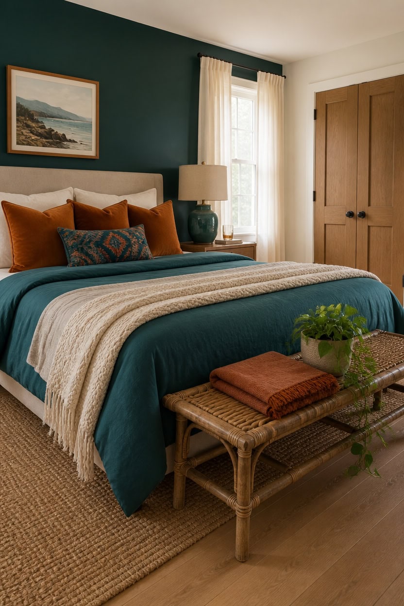 Comfortable bedroom with teal bedding, orange pillows, and natural light from window.