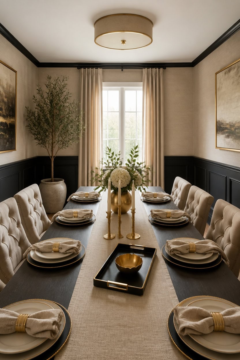 beige black gold tablescape