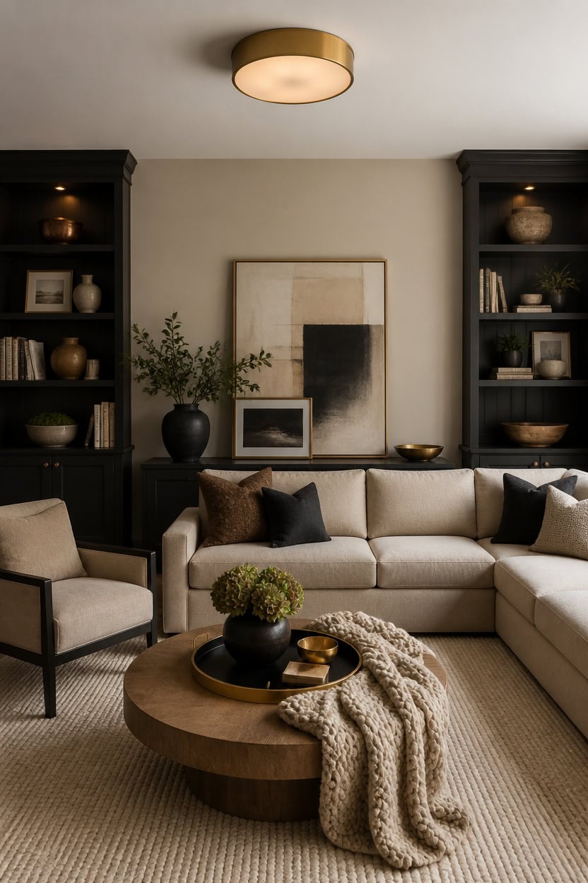 beige walls black built ins