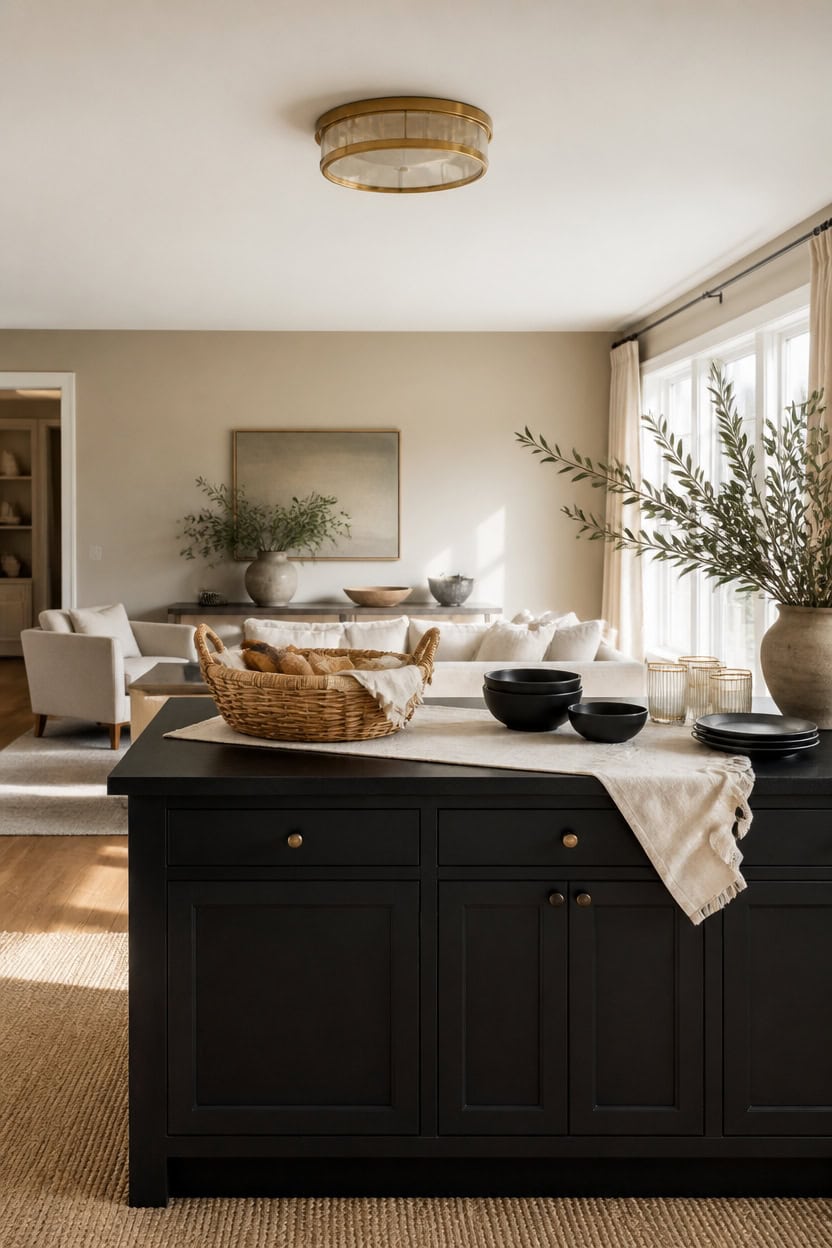 beige walls black peninsula