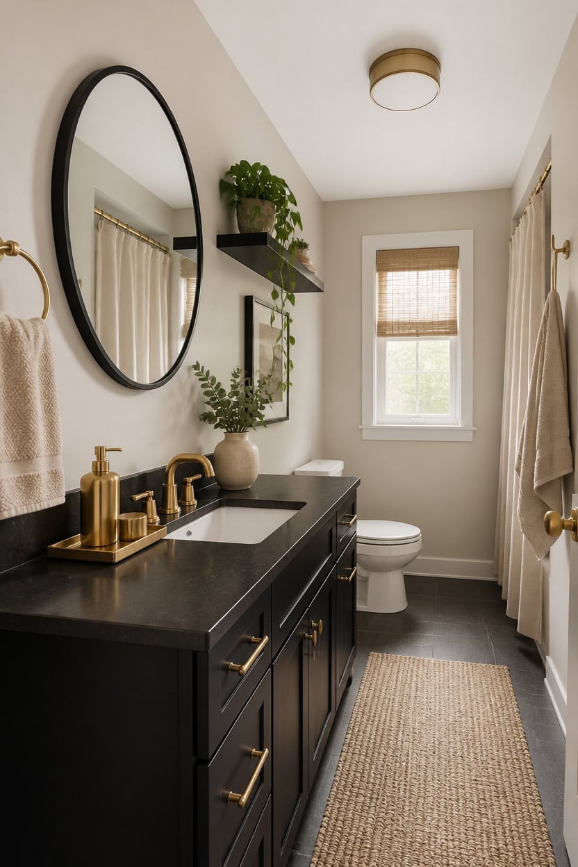 beige walls black vanity
