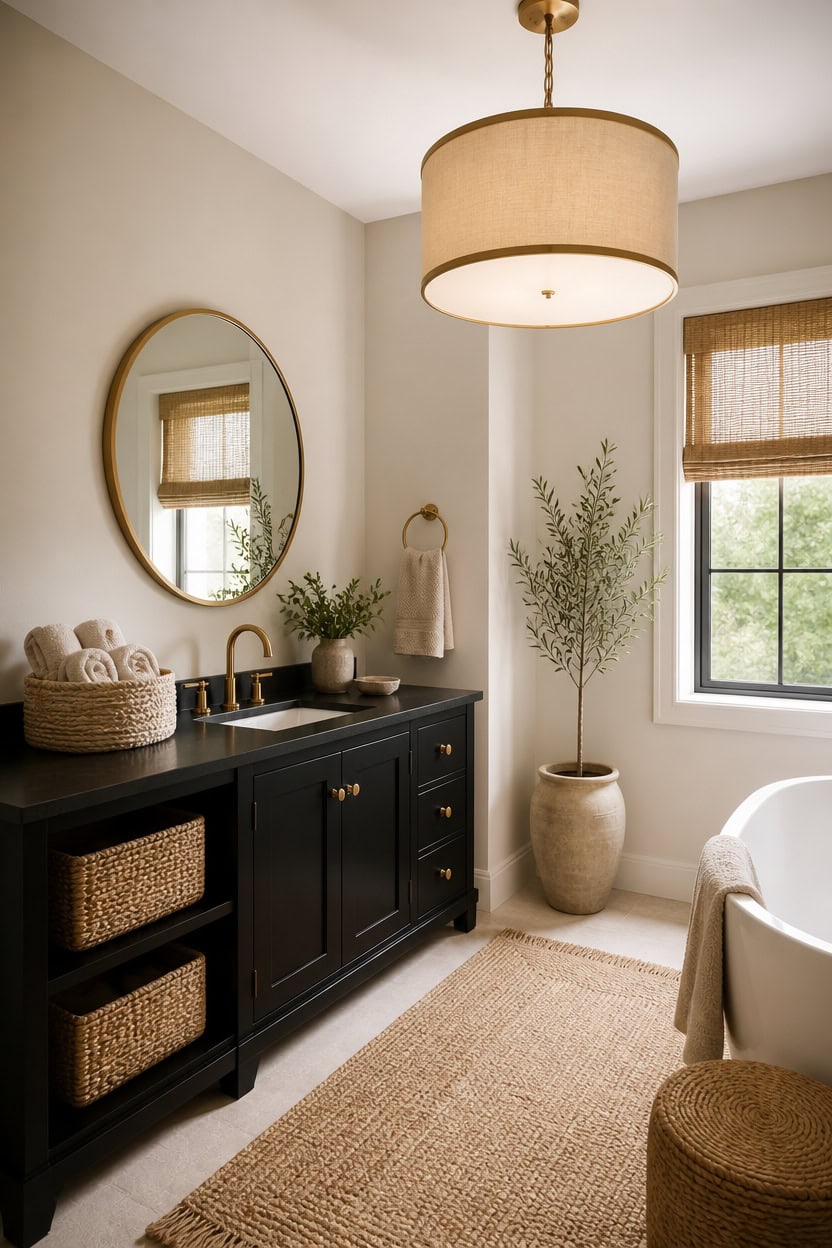 beige walls black vanity
