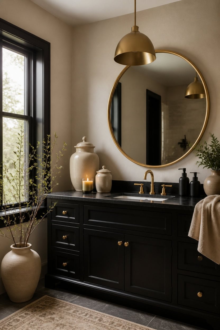 beige walls black vanity