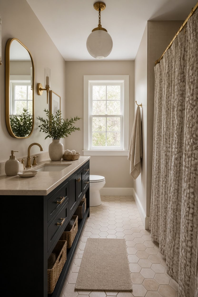 beige walls black vanity
