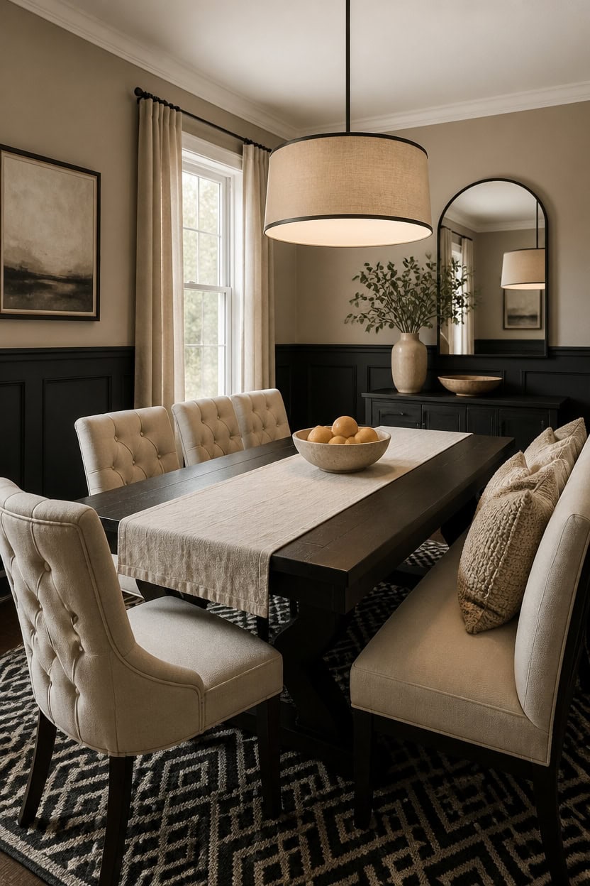beige walls black wainscoting centerpiece