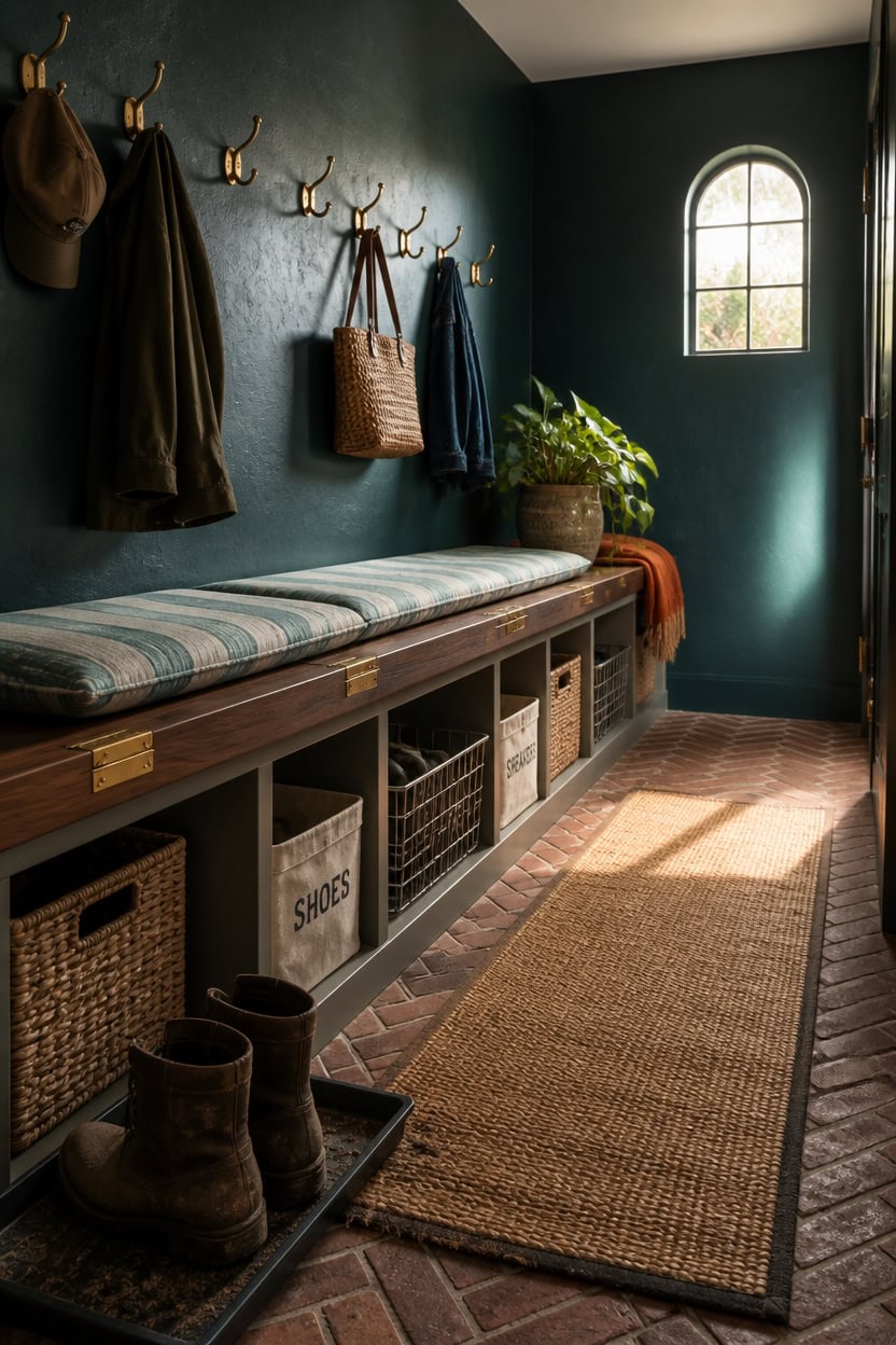 Entryway with hooks, storage bench, and a potted plant near a window.