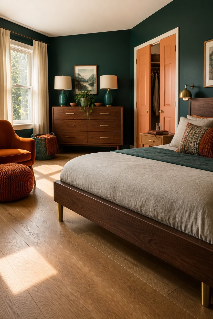 Cozy bedroom with green walls, wooden furniture, and natural light from window.