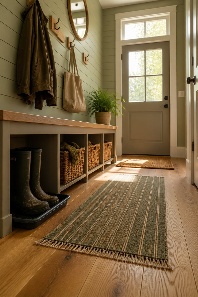 Bright apartment entryway with wooden bench, coat hooks, and potted plant.