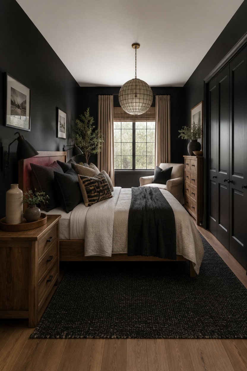 black accents unify wood tone bedroom