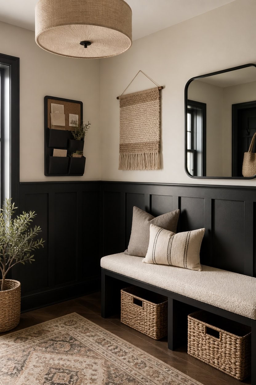 black and beige paneled entryway