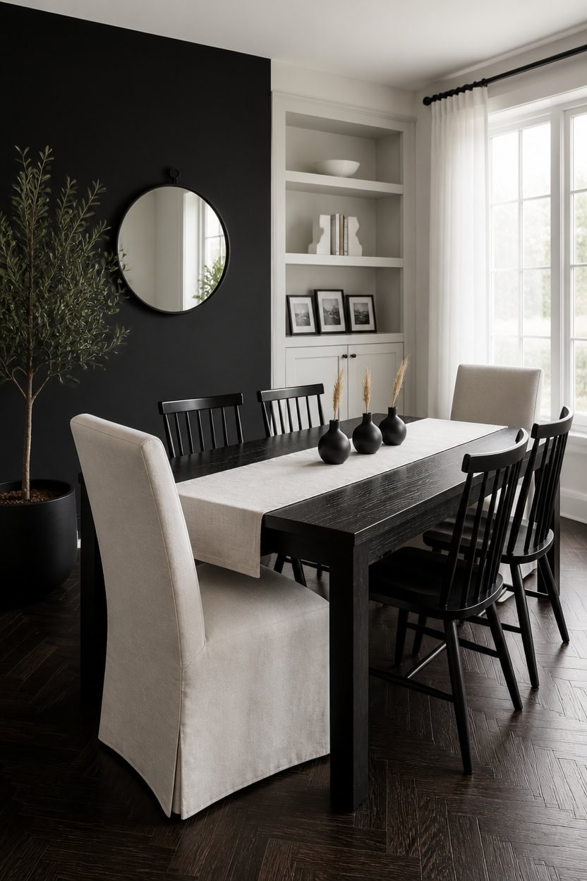Elegant dining room with black accent wall, white chairs, and large window letting in natural light.