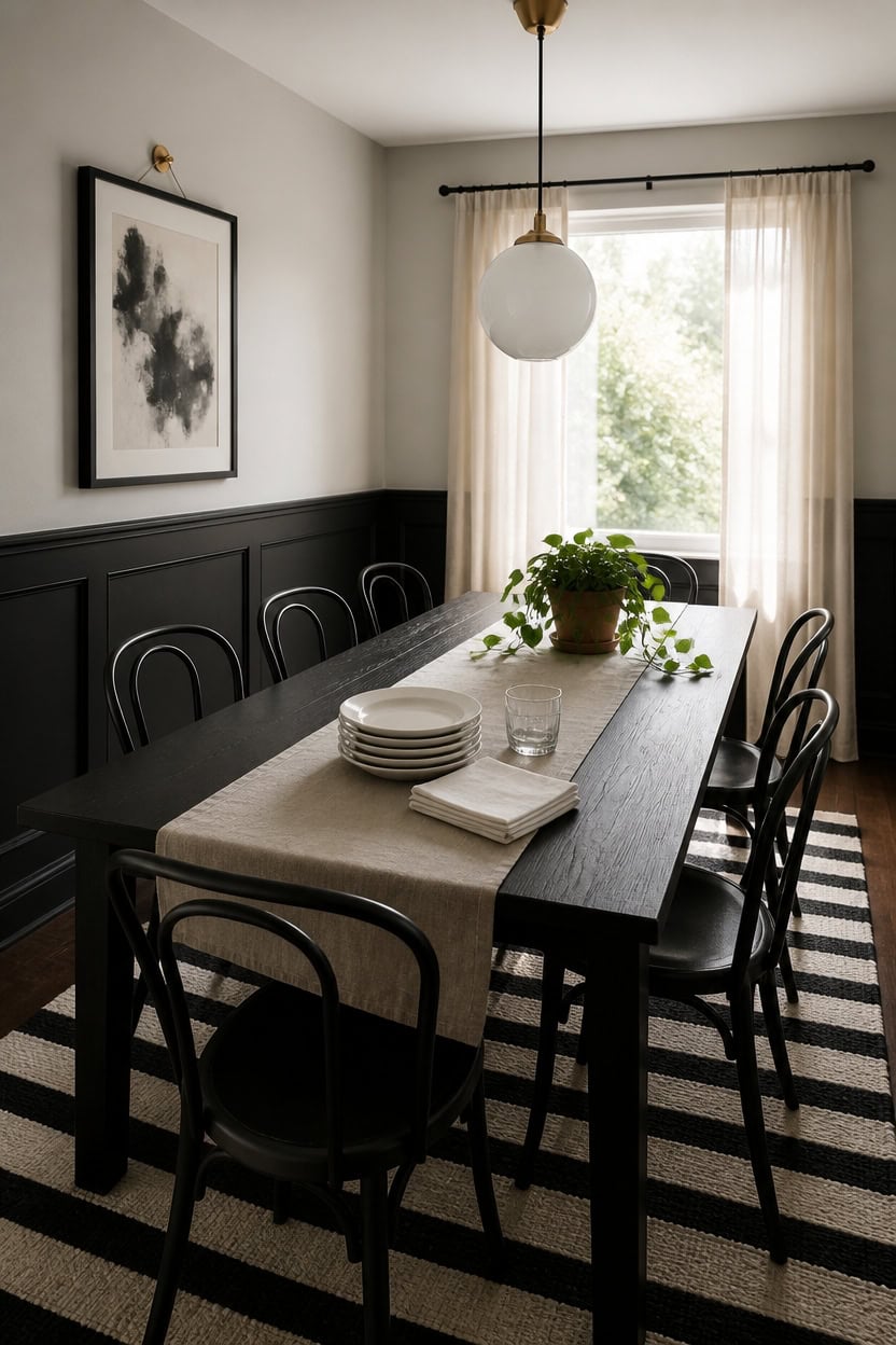 Elegant dining room with black table, chairs, and large window with curtains.