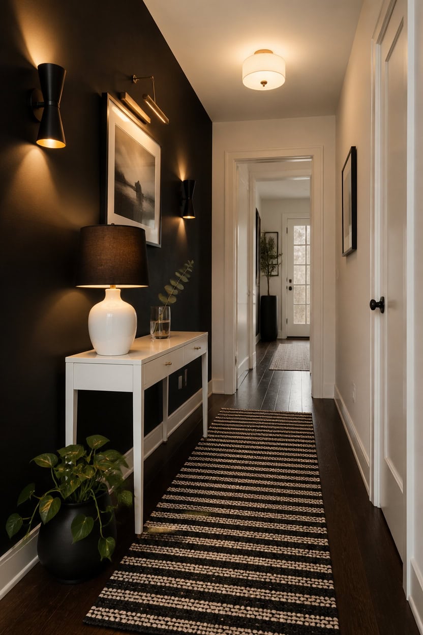 Stylish apartment hallway with black and white decor and modern lighting.