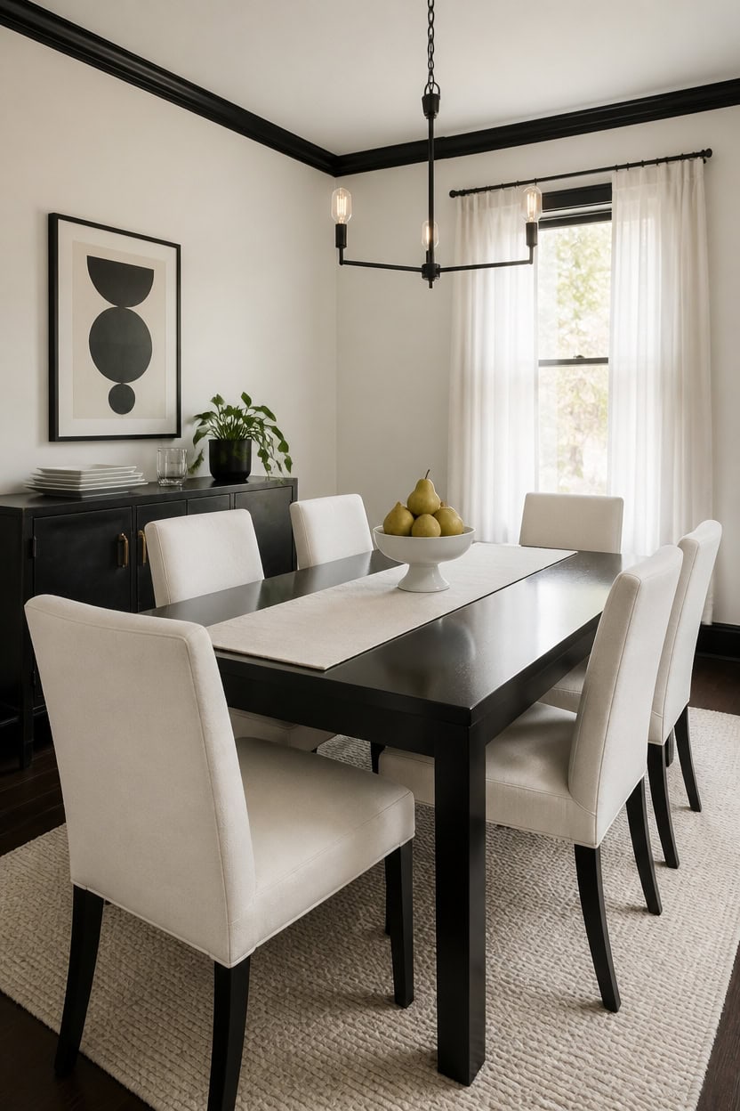 Contemporary dining room with black and white decor and natural light.