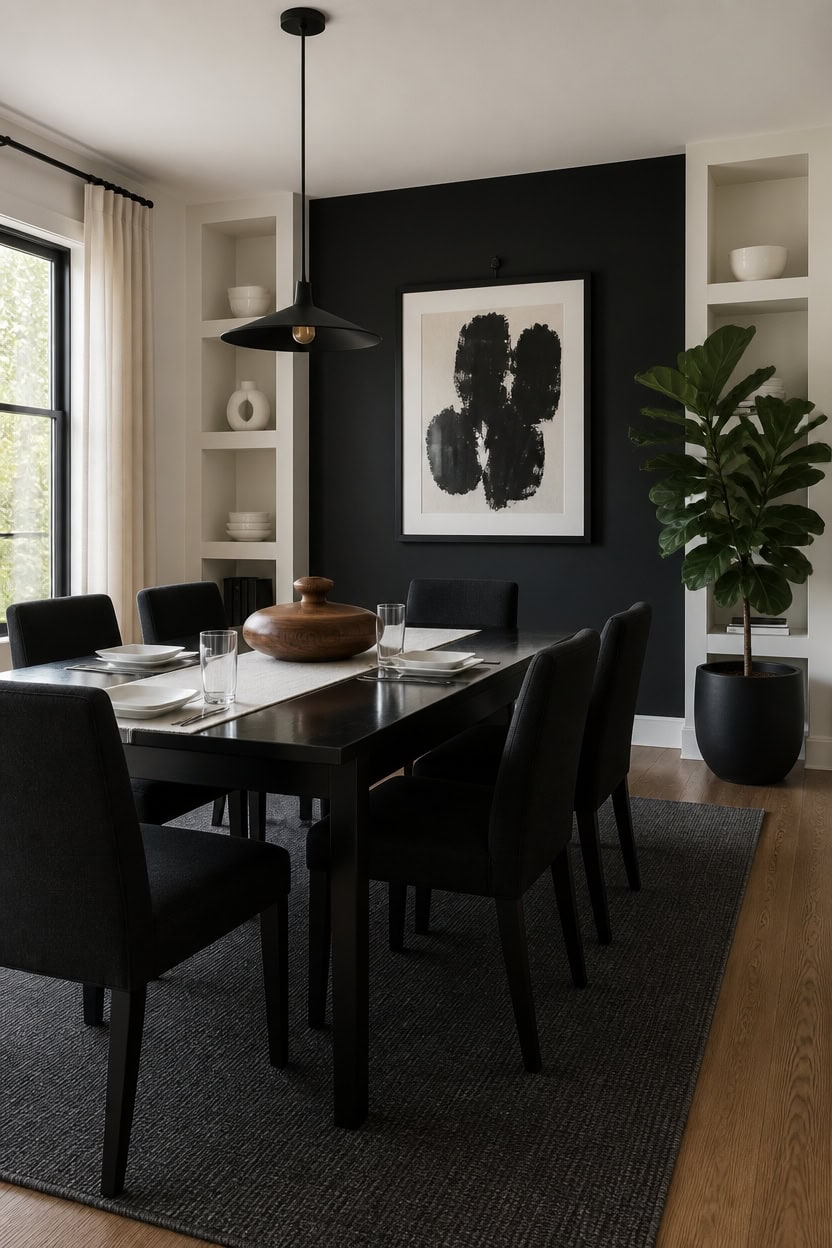 Elegant dining room with black chairs, dark accent wall, and large window.