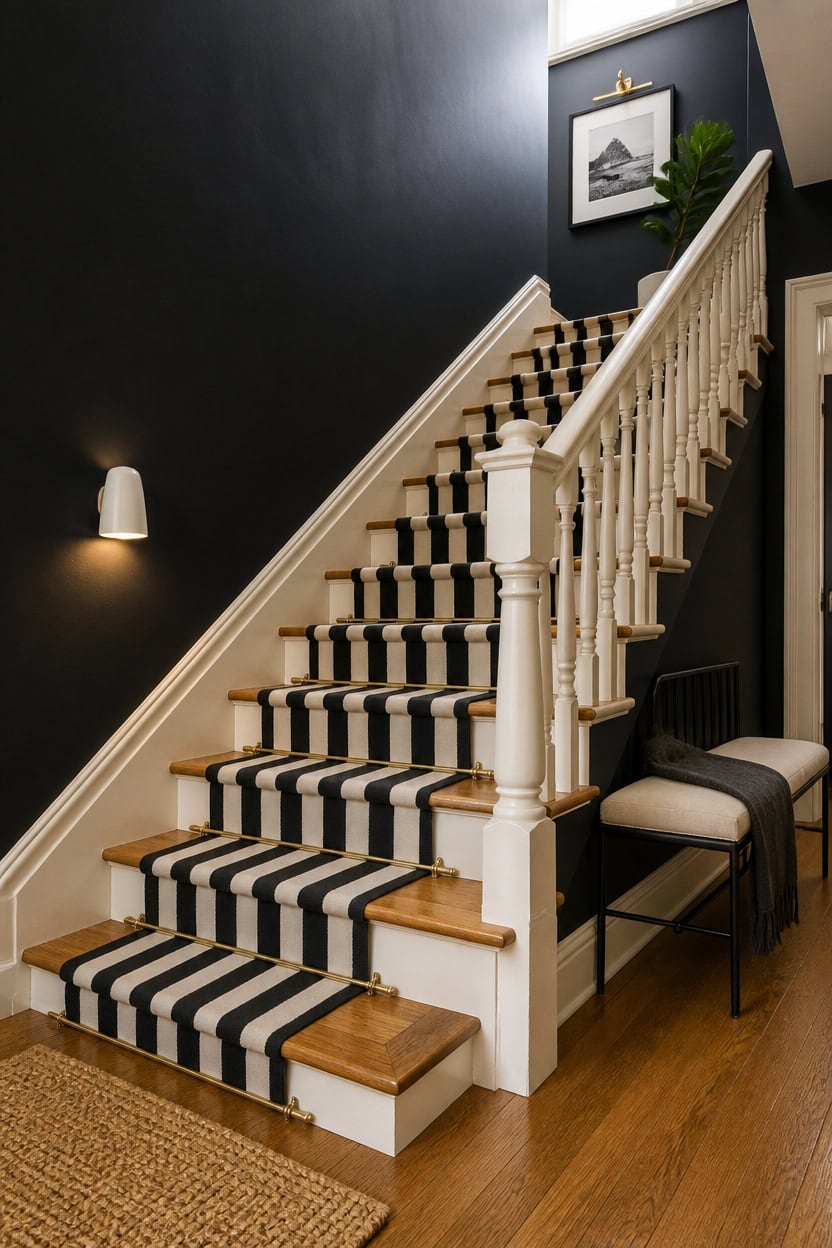 Elegant staircase with black and white striped runner at Apartment ABC.