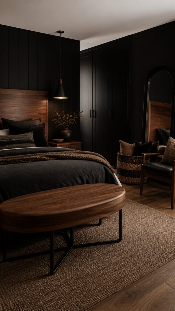 Black and Wood Bedroom for Women Who Touch the Grain Before They Choose