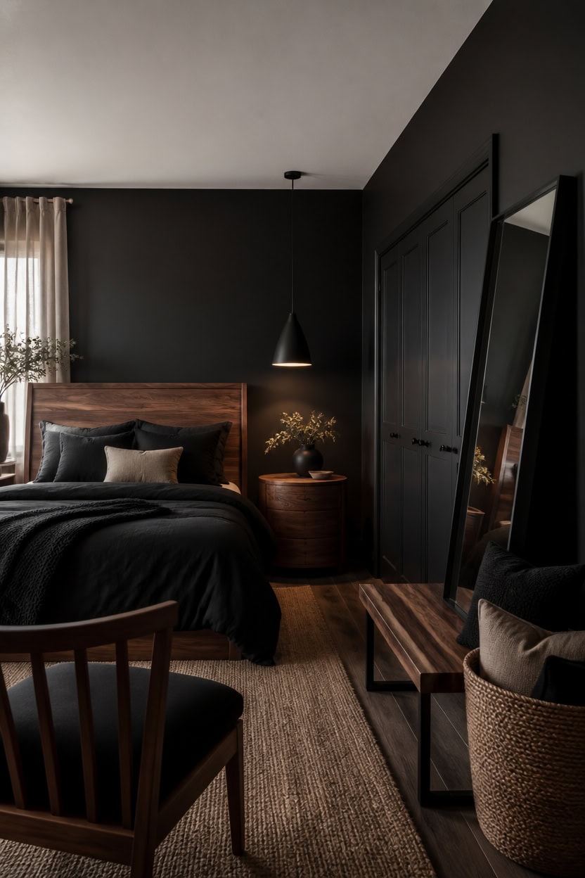 black and wood bedroom styling